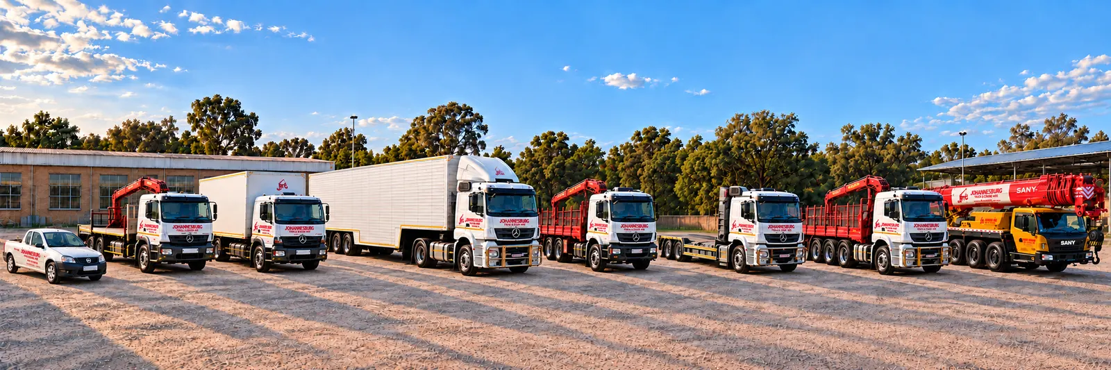 Johannesburg Truck and Crane Hire branded panelvans, flatbeds and crane trucks