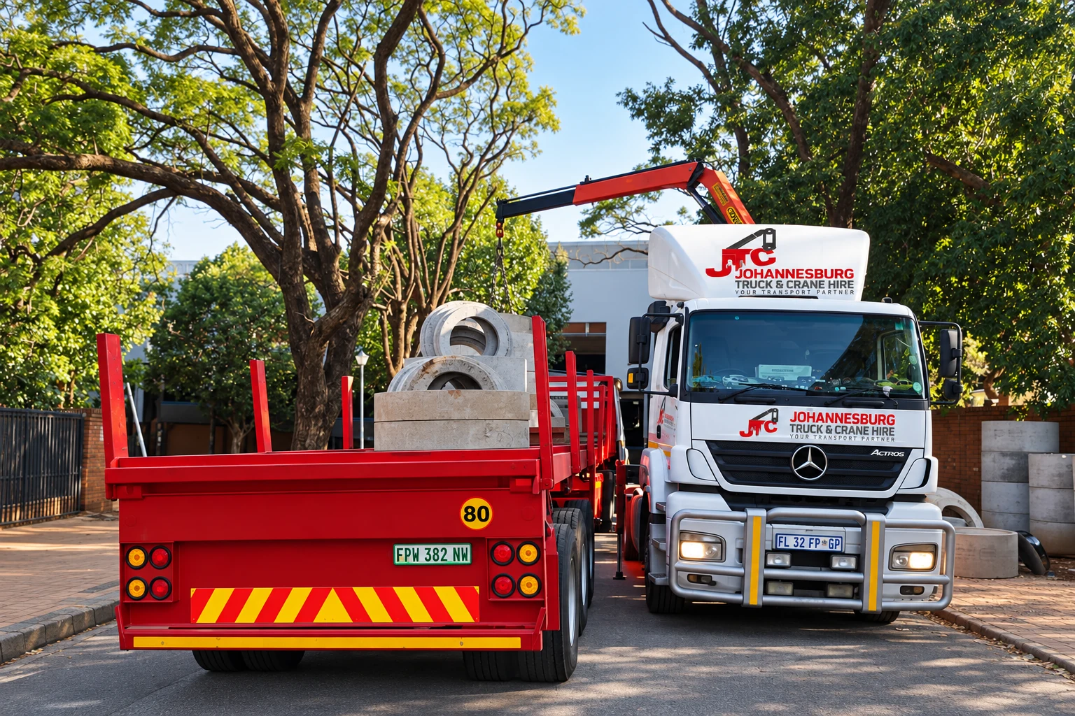 Enhanced JTC horse and red flatbed parked in the yard