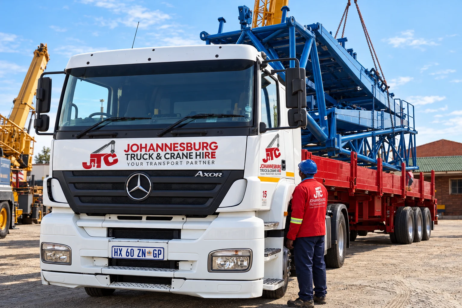 Enhanced JTC Mercedes flatbed transporting blue industrial machinery