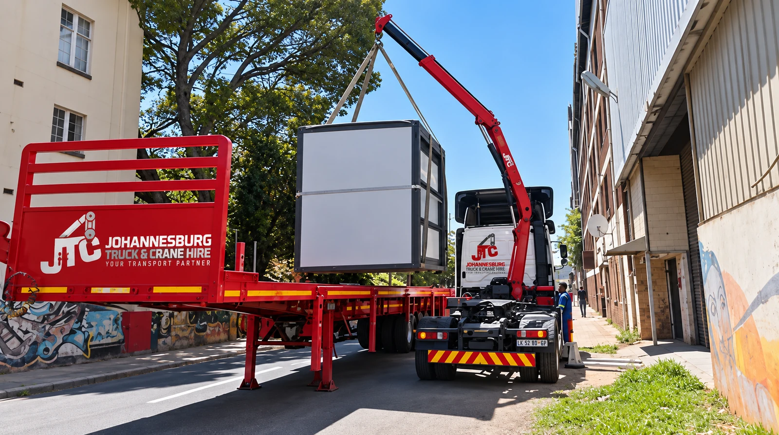 Enhanced JTC truck-mounted crane handling a cabin beside a building