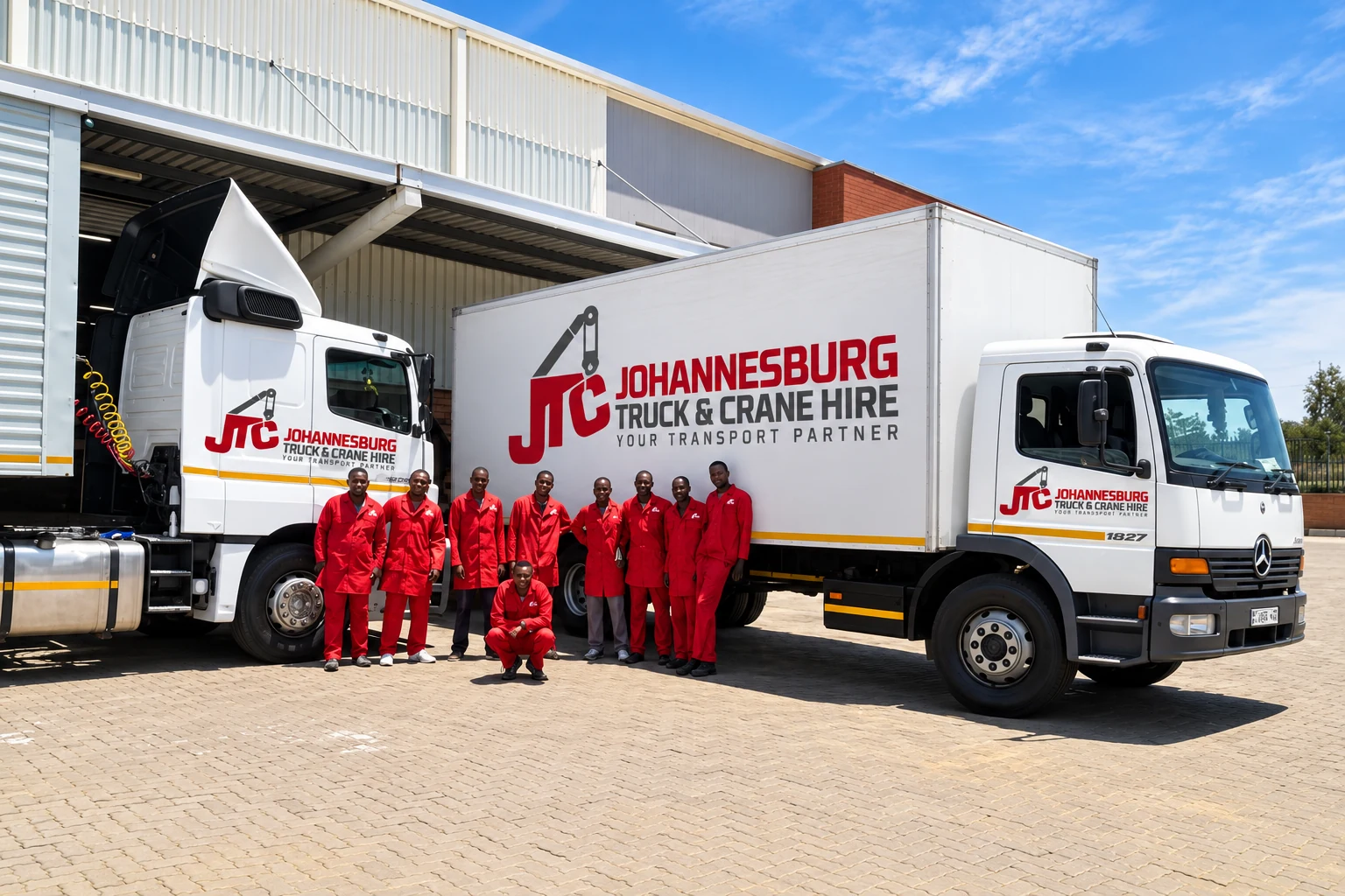 Enhanced JTC closed trucks and crew at a commercial building