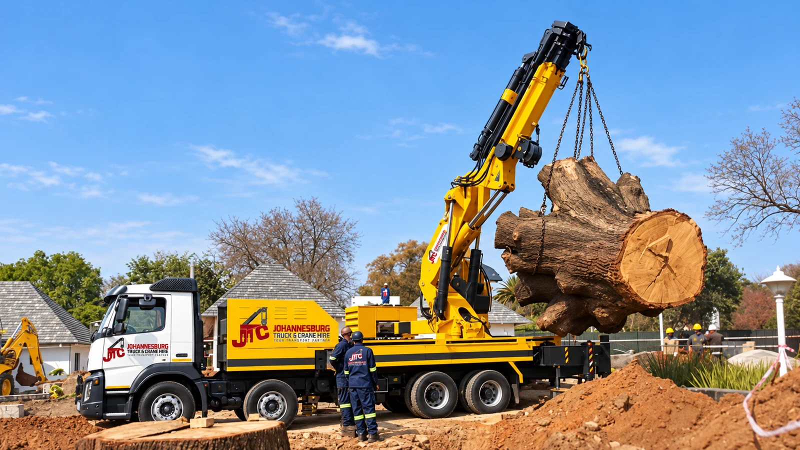 Enhanced JTC truck and mobile crane handling a large timber load