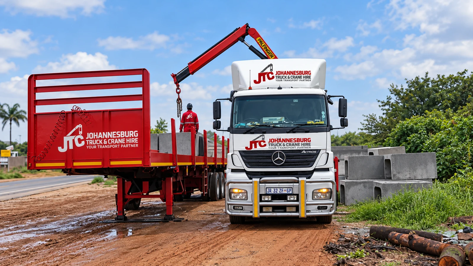 Enhanced JTC branded truck and open-deck trailer in the yard