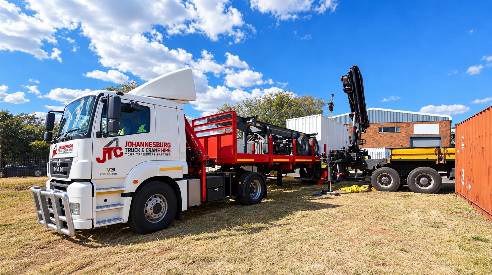 Enhanced JTC crane truck with a loaded open-deck trailer