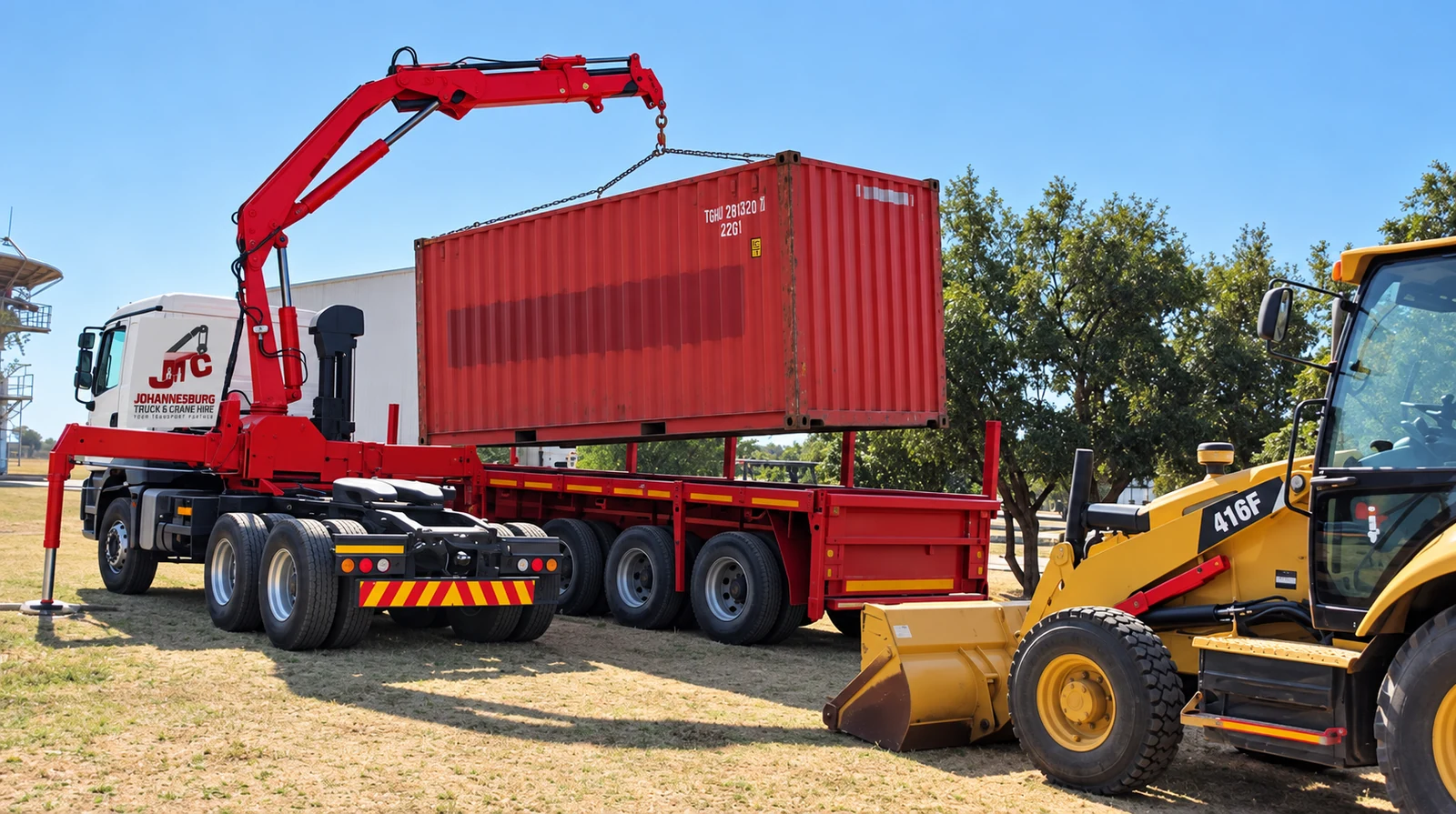 Enhanced JTC truck-mounted crane lifting a container beside loading equipment