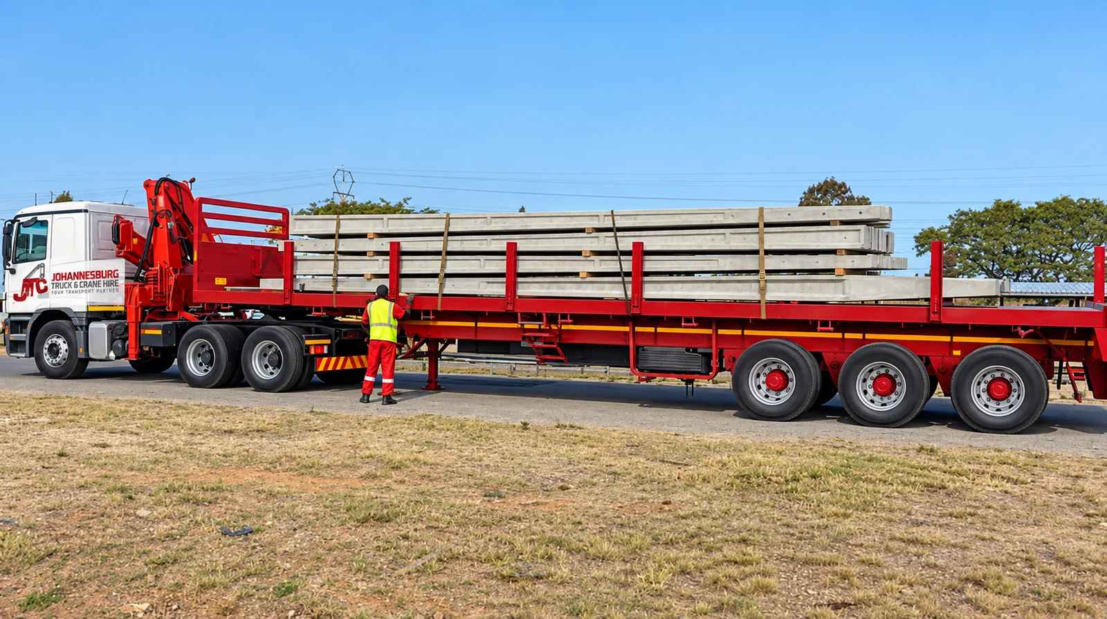 Enhanced JTC flatbed transporting concrete beams