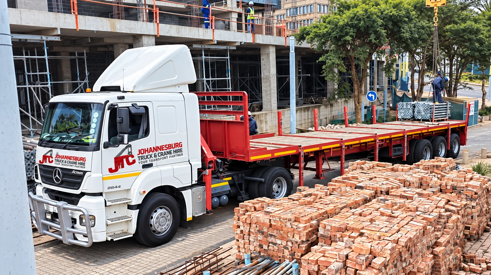 Enhanced JTC flatbed and crane at a construction site