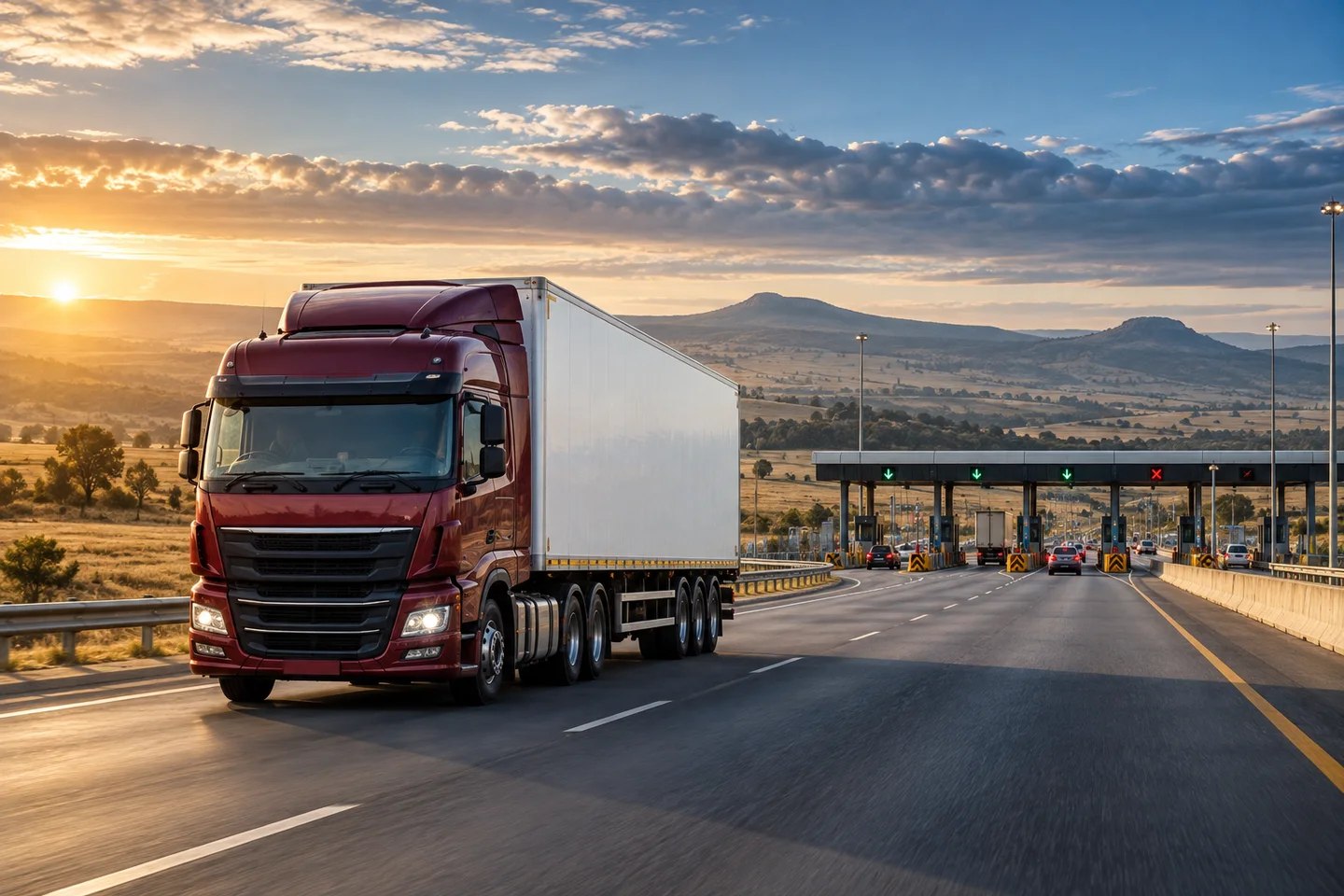 Illustration of a burgundy delivery truck on a South African highway near a toll plaza at sunrise